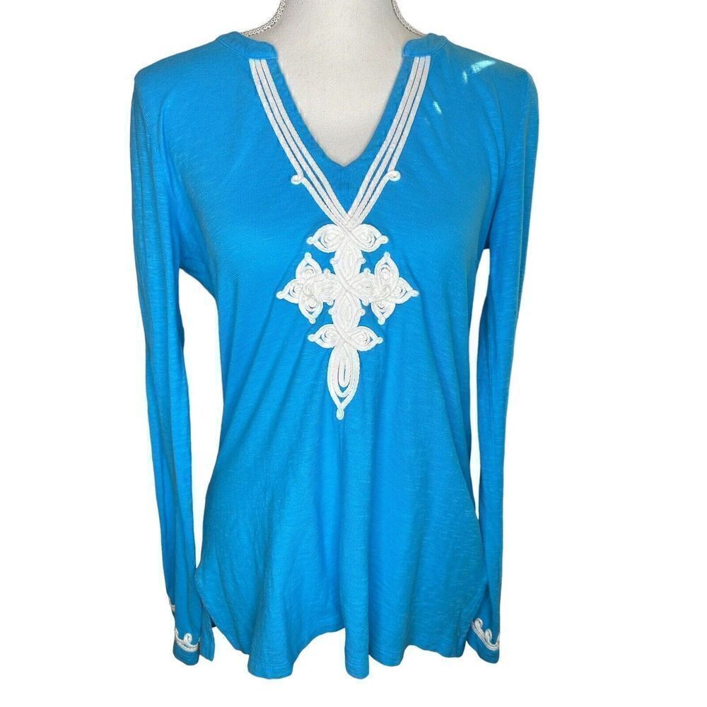 Lilly Pulitzer Thea Top Applique V-Neck Long Sleeve Embroidered Blue White S
